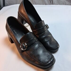 Laura Scott 9M Black Loafers Leather Silver Buckle Block Heel Business Comfort